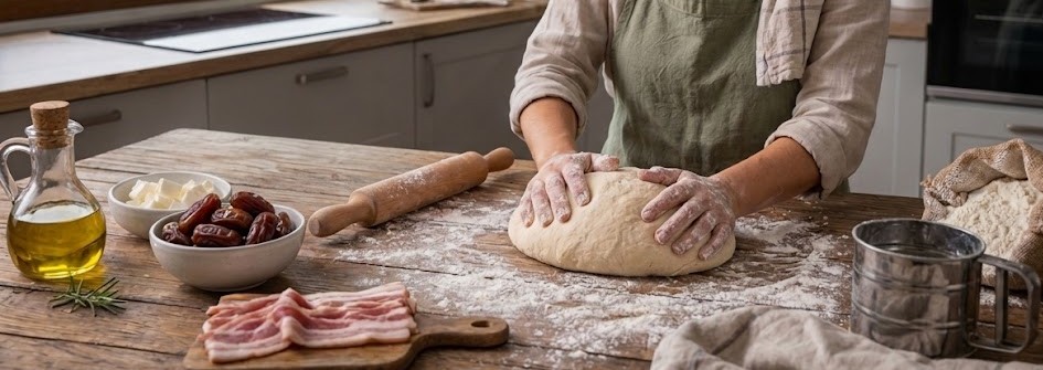 empanada de hojalde de bacon, queso y dátiles