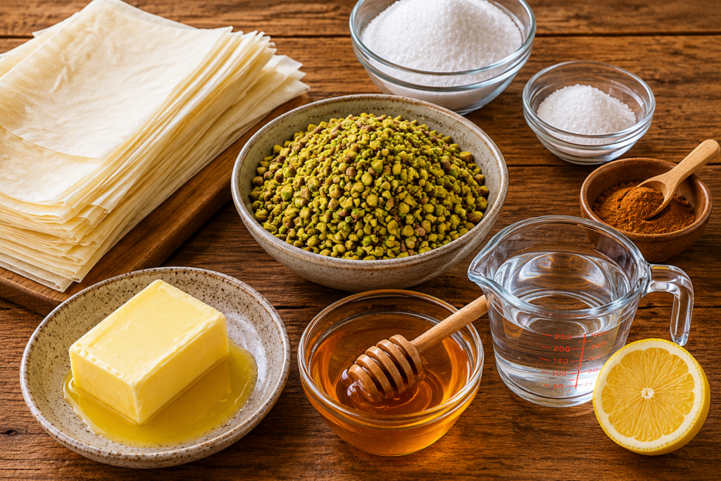 ingredientes para baklava artesanal de pistacho