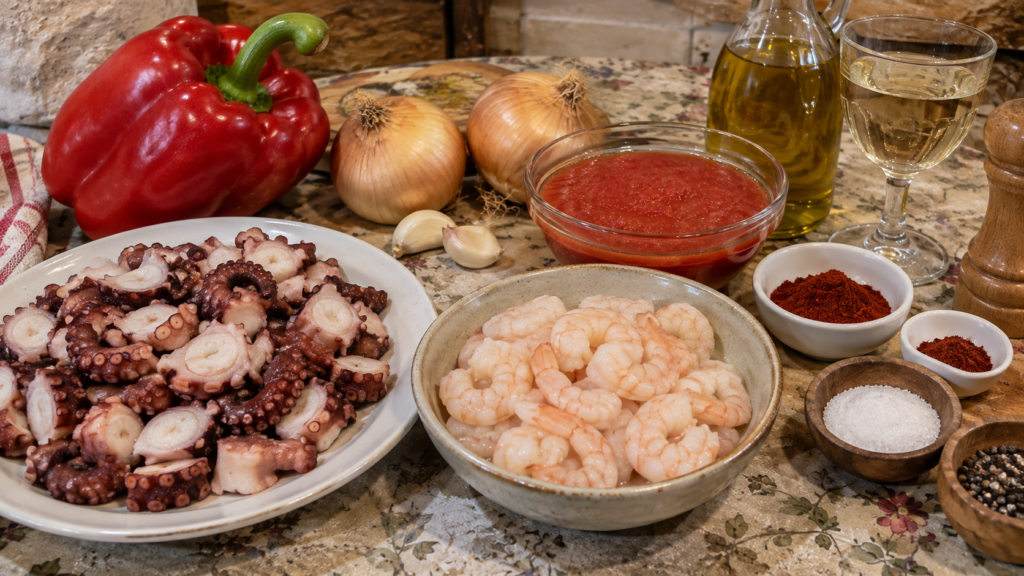 ingredientes para relleno empanada pulpo y gambas